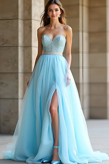 Light Blue Beaded Strapless A Line Long Formal Dress with Slit